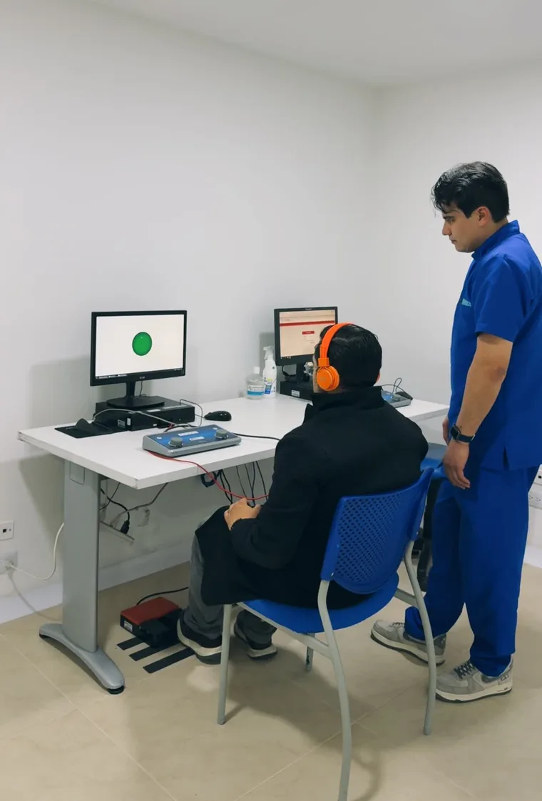 Un paciente durante el examen psicosensométrico en Azul Médica, con audífonos y los pulsadores de respuesta, acompañado por un profesional